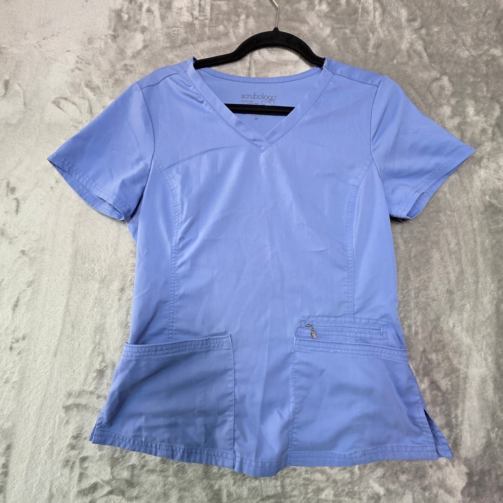 Scrubology ST002 Women Blue V-Neck Scrub Top Stretch Pockets Small